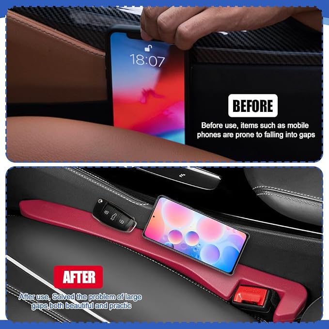 2PCS Car Seat Gap Filler, Car Blocker, PU Leather Fill The Gap Between Seat and Center Console, Universal Car Interior Accessories Flexible Seat Gap Organizer for Most Cars (Red)