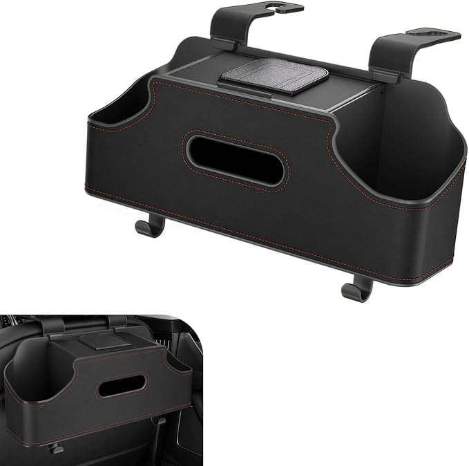Car Back Seat Organizer, Leather Snap-on Seatback Storage Pocket, Multi-functional Storage Box for Phone Holder Tissues Cup Bracket Hanging Bag, Universal for Most Vehicles (Black)