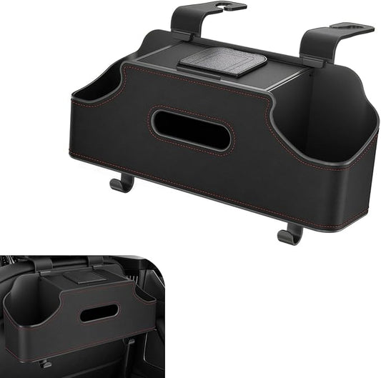 Car Back Seat Organizer, Leather Snap-on Seatback Storage Pocket, Multi-functional Storage Box for Phone Holder Tissues Cup Bracket Hanging Bag, Universal for Most Vehicles (Black)