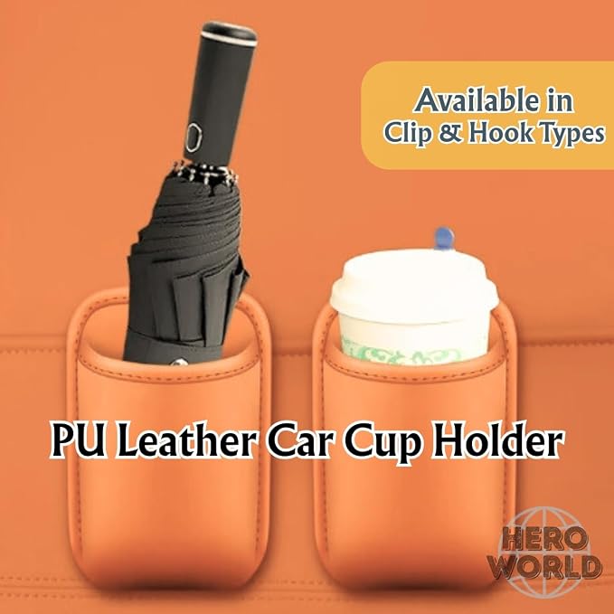 Large PU Leather Car Door Cup Holder Clip On or Hook Style Drink Holder Seat Side Hanging Storage Pocket for Water Bottle Coffee Cup Rear Back Seat Organizer (Clip, Caramel)
