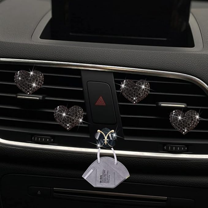 Black Heart Air Vent Clips, 4 Pcs Bling Heart Air Fresheners Vents Clips Diamond Car Interior Decor Charm Cute Car Accessories + Cute Butterfly Mask Hook