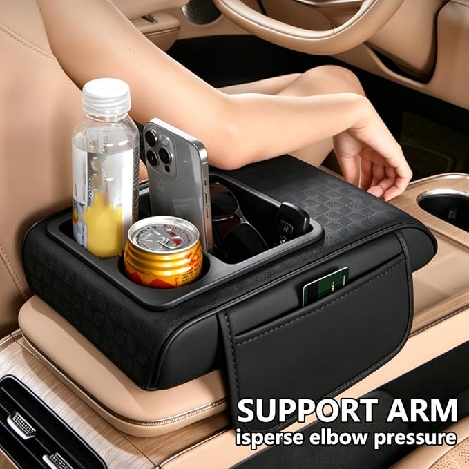 Car Center Console Cover, Auto Car Armrest Cushion 5-in-1 with Cup Holder, Tissue Box Slot, Phone Slot for Vehicle, Car Accessories Interior Storage Organizers (Black-Red)