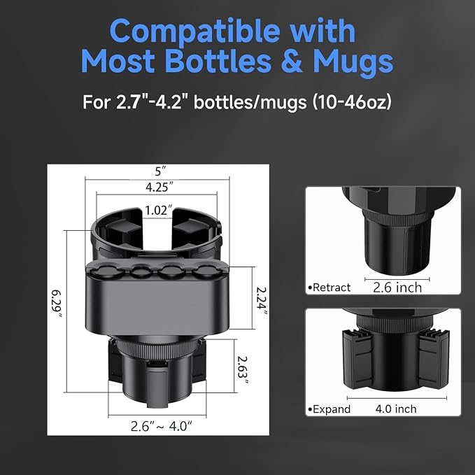 GDQ Car Cup Holder Expander - with Removable Coin Box - Adjustable Base, Universal Fit for Most Vehicles, Compatible with Yeti/Stanley Large Mugs & All Handle Cups, Automotive Interior Storage