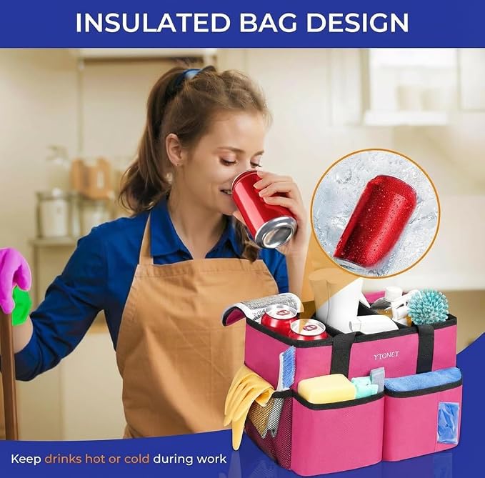 Ytonet Cleaning Caddy, Water Resistant Cleaning Supplies Organizer with Handle & Foldable Divider for Cleaners, Housekeeping Tote for Kitchen & Bathroom, Car Tool Caddy Organizer Bag, Rosered