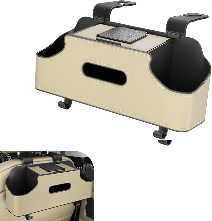 Car Back Seat Organizer, Leather Snap-on Seatback Storage Pocket, Multi-functional Storage Box for Phone Holder Tissues Cup Bracket Hanging Bag, Universal for Most Vehicles (Beige)
