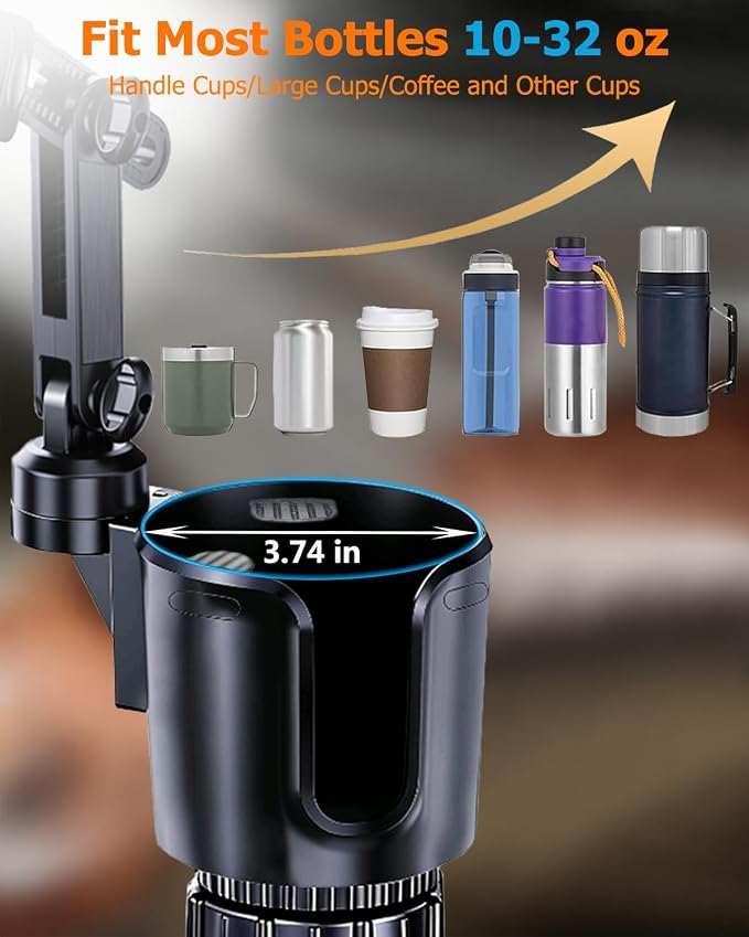Phone Cup Holder for Car with Long Retractable Arm, 2 in 1 Universal Cup Holder Expander with Adjustable Base, 360° Rotation Phone Mount for Car & Truck - Holds All 4-7'' Smartphones