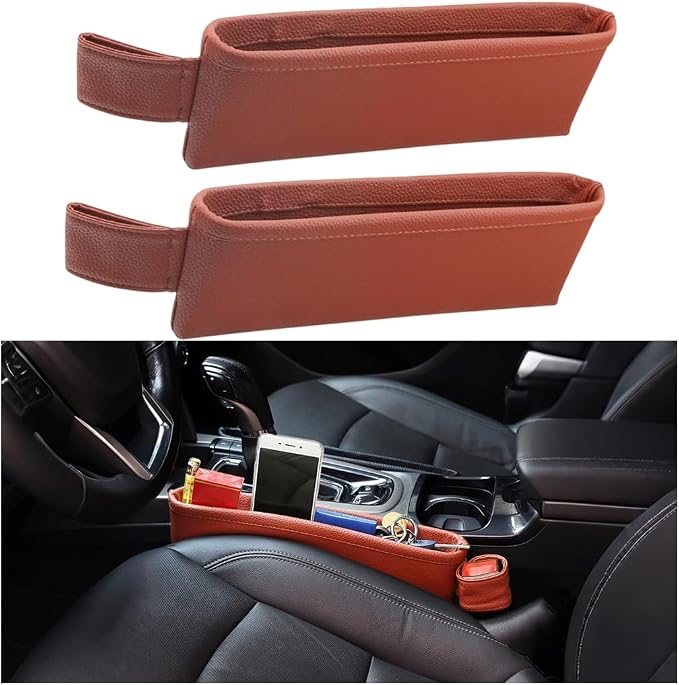 2PCS Car Seat Gap Filler Organizer, Leather Seat Gap Catcher Holder Pocket for Phones Keys Glasses, Auto Center Console Side Crevice Stopper Storage Box, Universal for Vehicles (Brown)