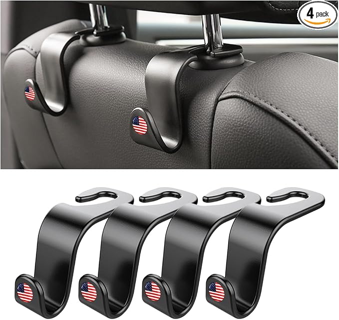 4PCS Car Seat Headrest Hooks, Auto Back Seat Hanger Holder, Durable Stylish Vehicle Organizer Universal Car Interior Accessories, Storage Hooks for Purses, Bags, Clothes, Hats (Black/Red Flag)