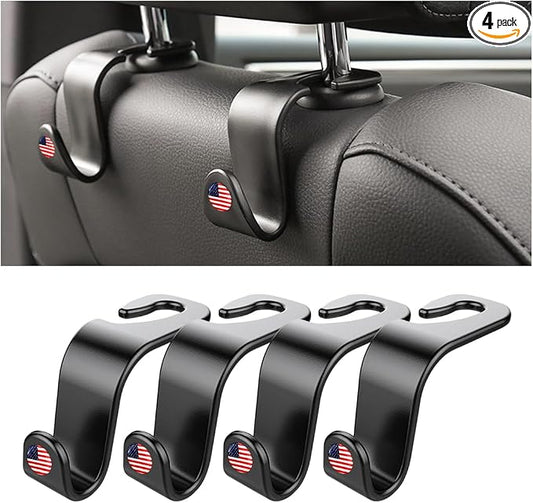 4PCS Car Seat Headrest Hooks, Auto Back Seat Hanger Holder, Durable Stylish Vehicle Organizer Universal Car Interior Accessories, Storage Hooks for Purses, Bags, Clothes, Hats (Black/Red Flag)