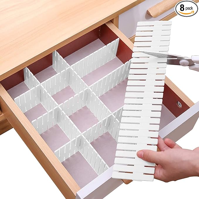 Drawer Divider Adjustable Diy Storage Organizer Separator for Tidying Clutter Cutlery Makeup Clothes of Dresses, Desk & Box in Kitchen Bathroom Bedroom Office (Cut at Will) (White 8pcs)