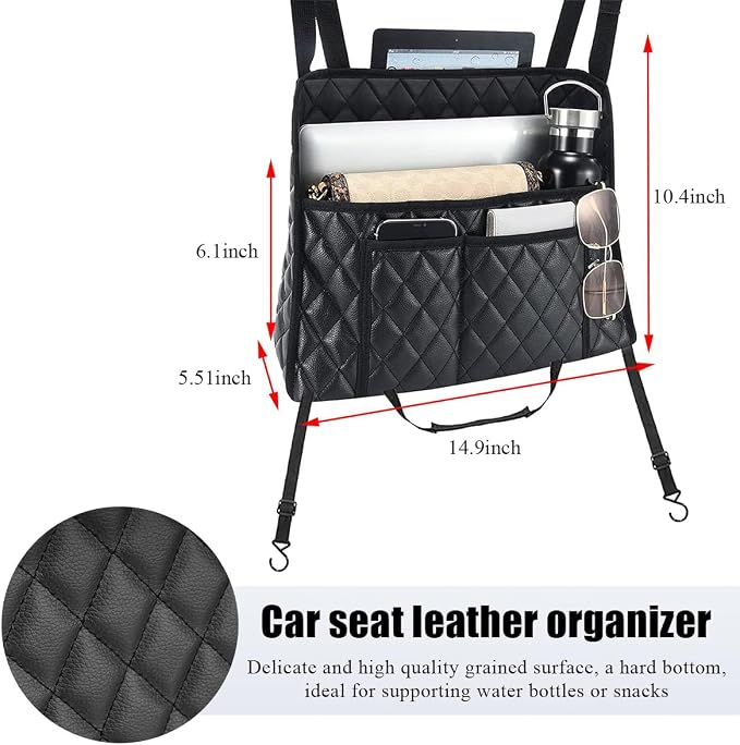Car Handbag Holder Between Seats, Leather Large Capacity Front Seat Handbag Storage Organizer, Automotive Interior Storage Pocket for Cell Phone Document, Car Accessories