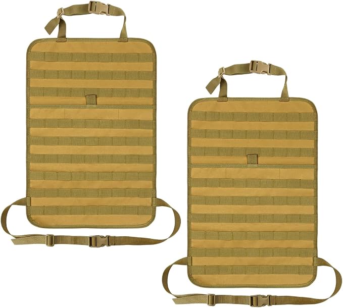 2 PCS Car Seat Back Organizer, Tactical MOLLE Sag Proof Vehicle Panel Backseat Cover Protector, Universal Molle Nylon Storage Bag Seat Back Hanger Pad for Car Truck SUV Pickup (Khaki)