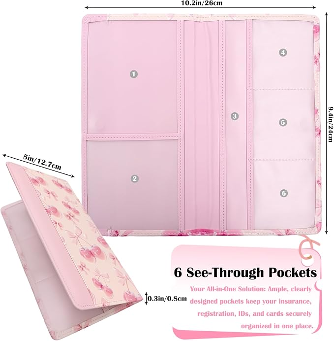 Car Registration and Insurance Holder with Magnetic Closure, Universal Document Organizer for License, Insurance Cards & Glove Box Storage (Cherry-Pink)