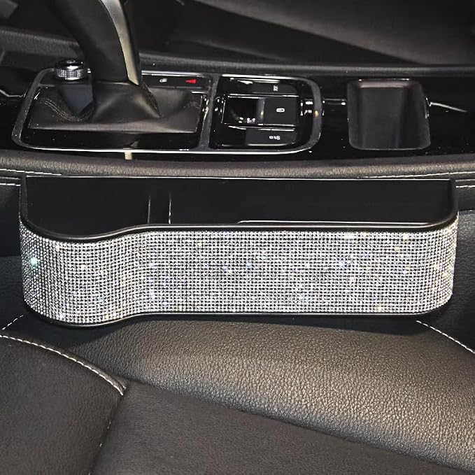 Bling Bling Car Seat Organizer Front Seat Gap Filler with Crystal Rhinestones Diamond, PU Leather Car Seat Console Storage Organizer for Car Accessories (Silver)
