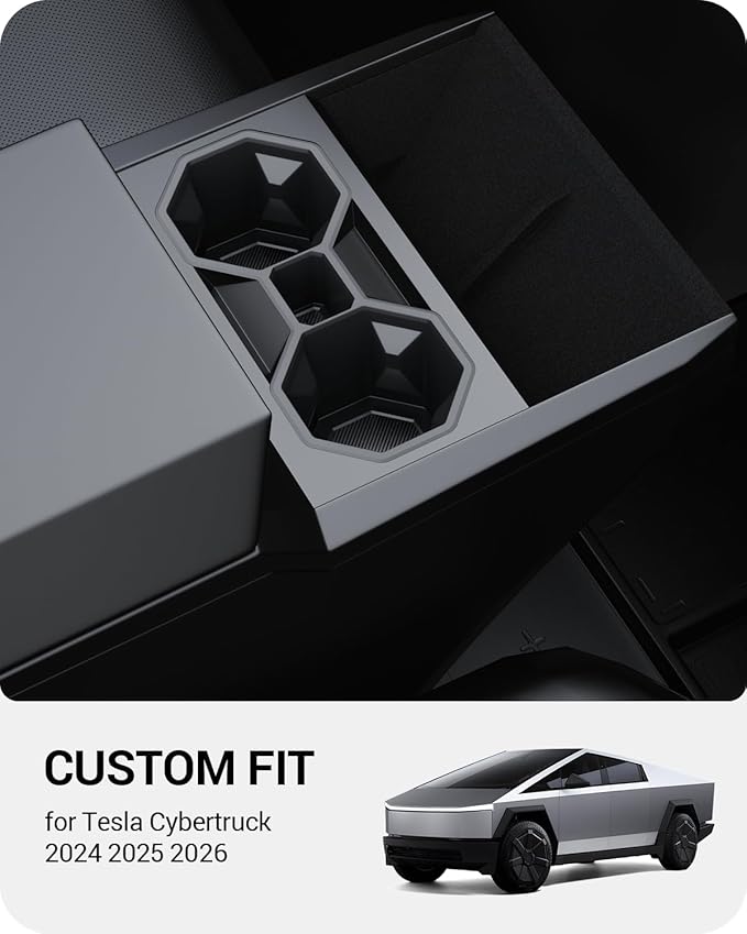 BASENOR 2024 2025 2026 Tesla Cybertruck Center Console Cup Holder Insert [Carbon Edition] Silicone Non-Slip Car Drink Holder Cybertruck Interior Accessories