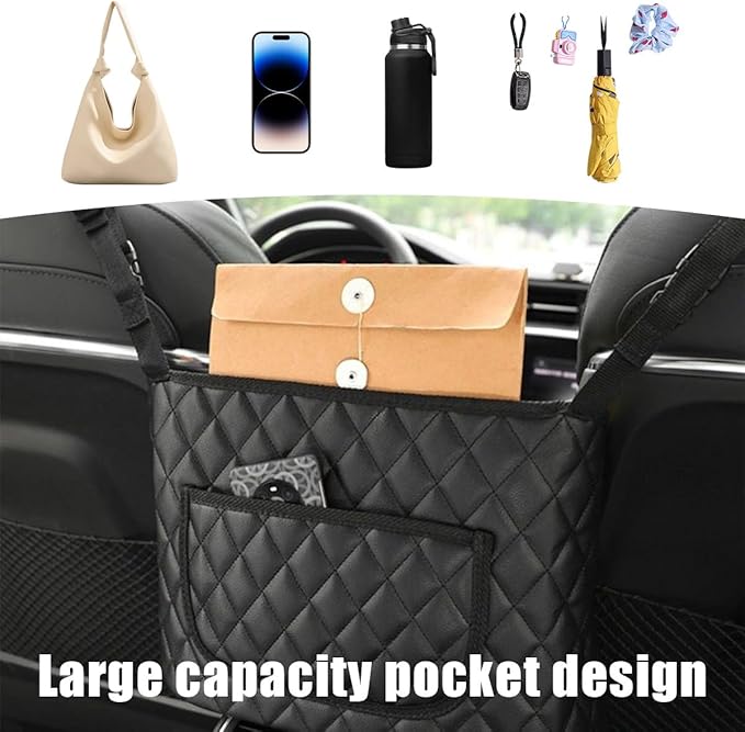 Car Handbag Holder Between Seats, Leather Large Capacity Front Seat Handbag Storage Organizer, Automotive Interior Storage Pocket for Cell Phone Document, Car Accessories