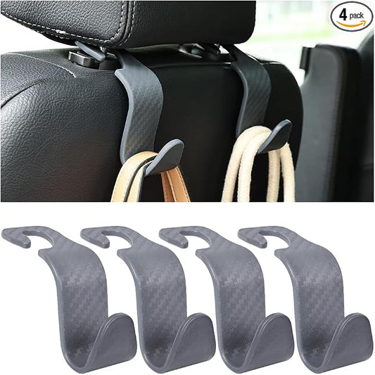4PCS Car Seat Headrest Hooks, Auto Back Seat Hanger Holder, Durable Stylish Vehicle Organizer Universal Car Interior Accessories, Storage Hooks for Purses, Bags, Clothes (Carbon Fiber/Grey)