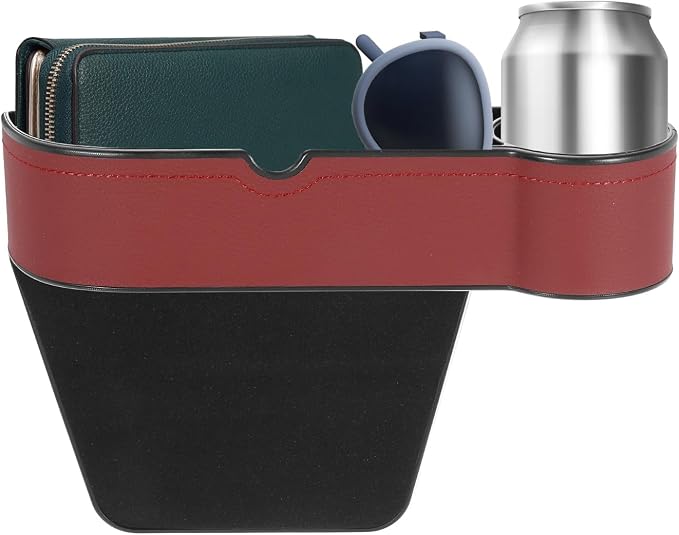HARFINGTON Car Seat Gap Filler Organizer 10.6 x 7.1 x 2.8 Inch ABS+Leather Universal Car Organizer Storage Box Between Seat and Console (Right) with Cup Holders for Phone Keys, Wine Red