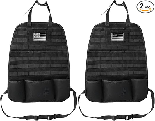Tactical Molle Car Seat Back Organizer, Vehicle Panel Car Seat Back Cover Protector with 5 Storage Pouch, Universal Backseat Storage Organizer with USA Flag Patch for Car SUV Truck MPV (Black-2 Pcs)