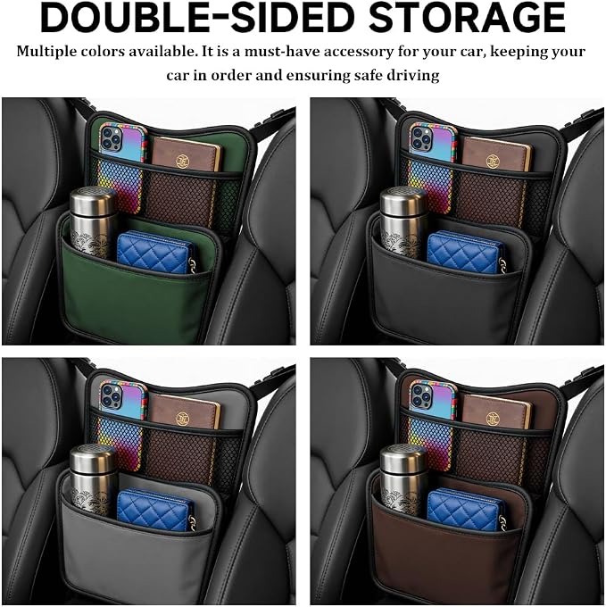 Car Organizer Storage Between Seats, Car Purse Holder, Nappa Leather Front Seat Storage Bag with Tissue Holder, Large Capacity Auto Console Organizer for Document Phone Wallet Snack (Brown)