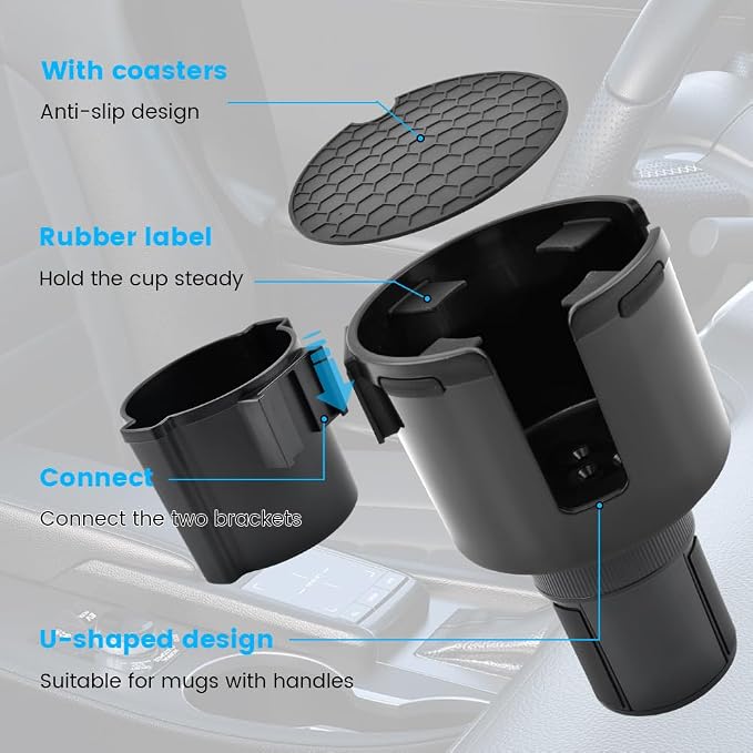 1 Pack Car Cup Holder Expander 2 in 1 Adapter with Expandable Base, Car-Seat Headrest Hook 4 Pack Hanger Storage Organizer fit Universal Vehicle Car Mugs in 2.2"-4.2" (10-48oz)