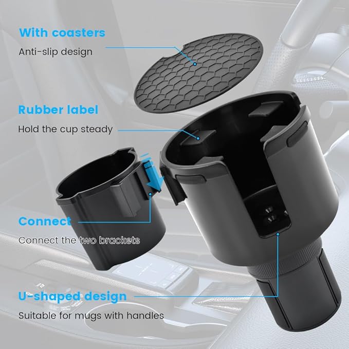 2-in-1 Car Cup Holder Expander, Adjustable Car Extender Adapter with Non-Slip Base - No Spill Cup Holder Extender with 4 Hooks for Yeti, Hydro Flask, Stanley Large Tumblers (10-48oz)