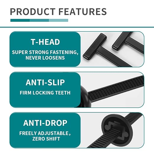 Nylon Universal Cable Tie Buckle, Zipper Clips for Cars, T Style Zip Ties Button Fixion Tools, Automotive Plastic Rivet Push Pin, Auto Body Parts Trim, Bumper Retainer Fender Liner (Black 200PCS)