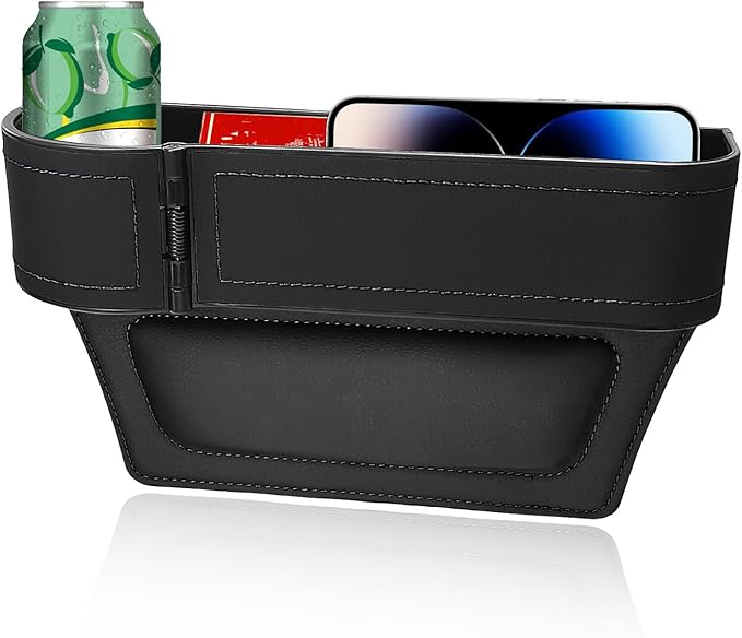 Car Seat Gap Filler Organizer, Auto Leather Seat Organizer with Adjustable Cup Holder, Multifunctional Side Insert Center Console Storage Box for Phone Drink Sunglasses (Black)