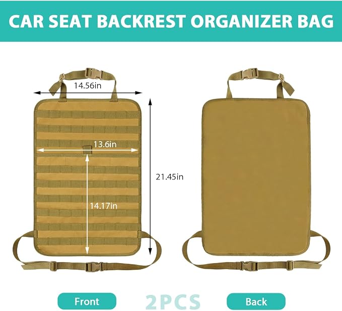 2 PCS Car Seat Back Organizer, Tactical MOLLE Sag Proof Vehicle Panel Backseat Cover Protector, Universal Molle Nylon Storage Bag Seat Back Hanger Pad for Car Truck SUV Pickup (Khaki)