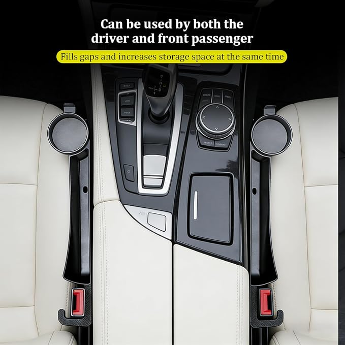 2PCS Car Seat Gap Filler, Soft Carbon Fiber Vehicle Between Seat and Console Organizer with Cup Holder, Prevent Falling Automotive Interior Chair Gap Plug, Universal Fit (Black)