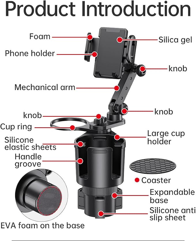 Car Phone Holder with Cup Holder Mount, 2 in 1 Universal Cup Holder Expander Adjustable Base with Phone Mount, Long Adjustable Arm with 360°Rotation Cup Holder ，Compatible with All Smartphones，Black