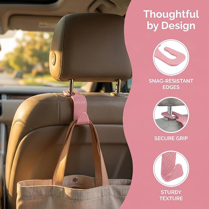 4PCS Car Seat Headrest Hooks, Auto Back Seat Hanger Holder, Durable Stylish Vehicle Organizer Universal Car Interior Accessories, Storage Hooks for Purses, Bags, Clothes (Carbon Fiber/Pink)