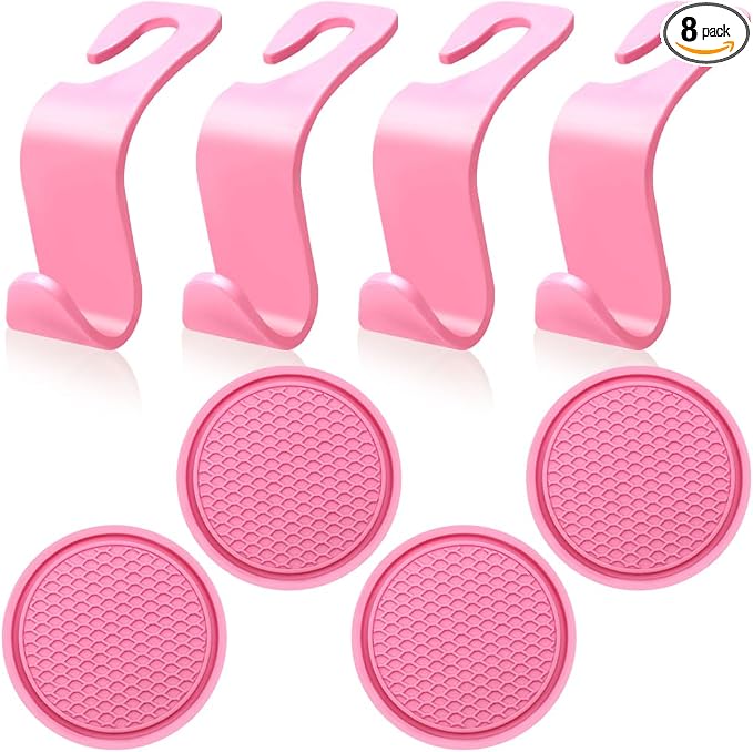 8 pcs Pink Car Seat Accessories Set, 4 Car Seat Hooks and 4 Cup Coasters, Passenger Princess Car Accessories, Pink Accessories, for Car Interiors, Coasters and Seat Hooks
