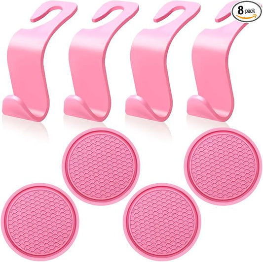 8 pcs Pink Car Seat Accessories Set, 4 Car Seat Hooks and 4 Cup Coasters, Passenger Princess Car Accessories, Pink Accessories, for Car Interiors, Coasters and Seat Hooks