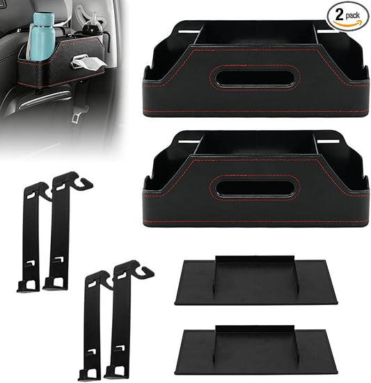 Sporacingrts 2 Pack Black Car Seat Back Organizer with Cup Holders, Tissue Box, Hooks, Phone Slot, PU Leather Storage Box for Backseat, Universal Fit for Cars SUVs Trucks