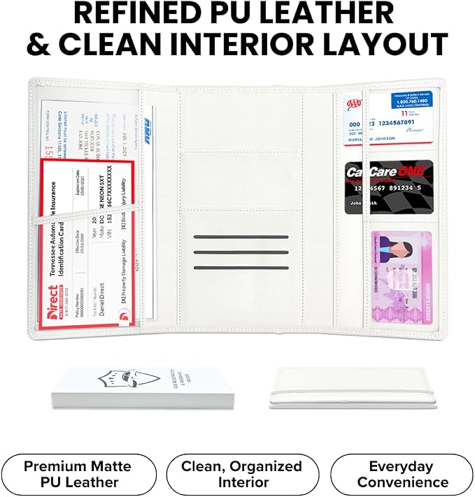 LINTRU Car Registration and Insurance Holder, 12-Pocket Trifold, Glove Box | 3.0mm Reinforced, 16"×9.5" Oversized, Elastic Strap No Magnet, PU Leather, Car Accessories for Men Women