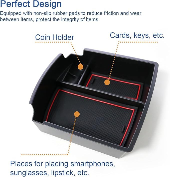 2018-2021 2022 2023 Kona Center Console Organizer for Hyundai Kona Armrest Box, 2022 Kona Console Armrest Tray 2022 2023 Kona Armrest Box Insert Tray Accessories (Red Mats)