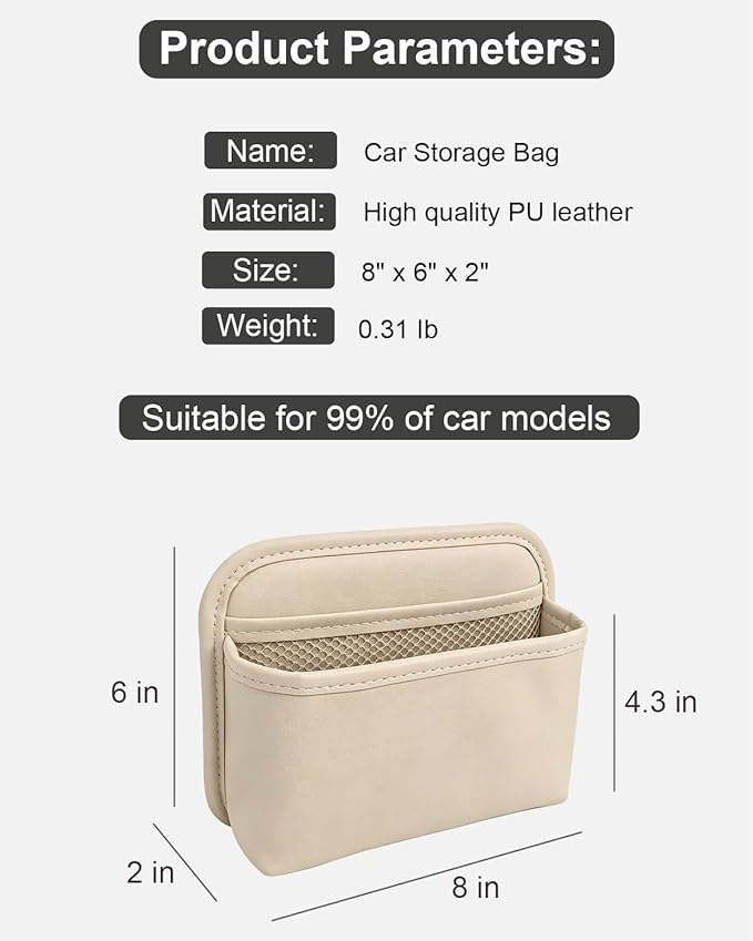 Driver's Car Storage Bag, Small Car Side Pocket Organizer for Car Seats, Doors and Consoles, PU Leather (Beige)