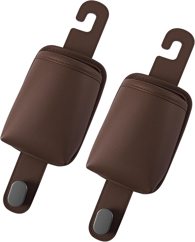 2-Pack Car Seat Back Cup Holder Organizer, Brown | Faux Leather, With Hooks, Universal Backseat Storage, For Drinks, Bottles & Travel Accessories