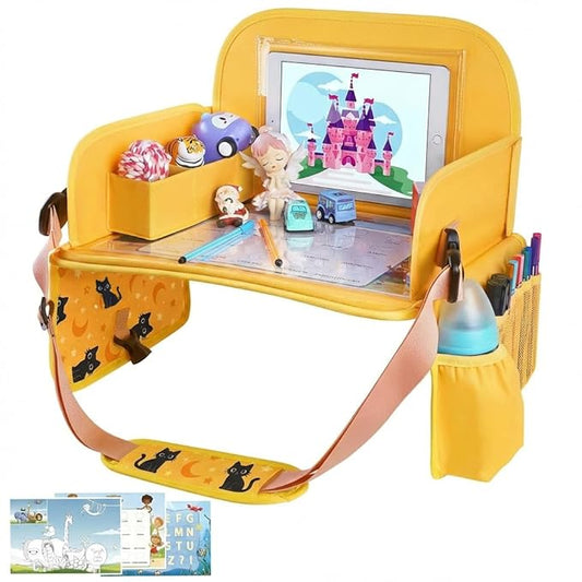MENZOKE Kids Travel Tray for Toddler Car Seat, Toddler Gift for Boy Activities with iPad Holder Stand & Storage Pockets, Road Trip Essentials Accessories Lap Tray as Travel Gifts for Kid, Yellow