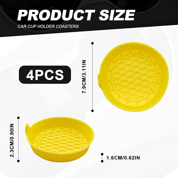 4-Pack Universal Cup Holder Coasters, Black Silicone Inserts - Keep Your Car Clean with Non-Slip & Spill-Proof Coasters for All Vehicles (Yellow)