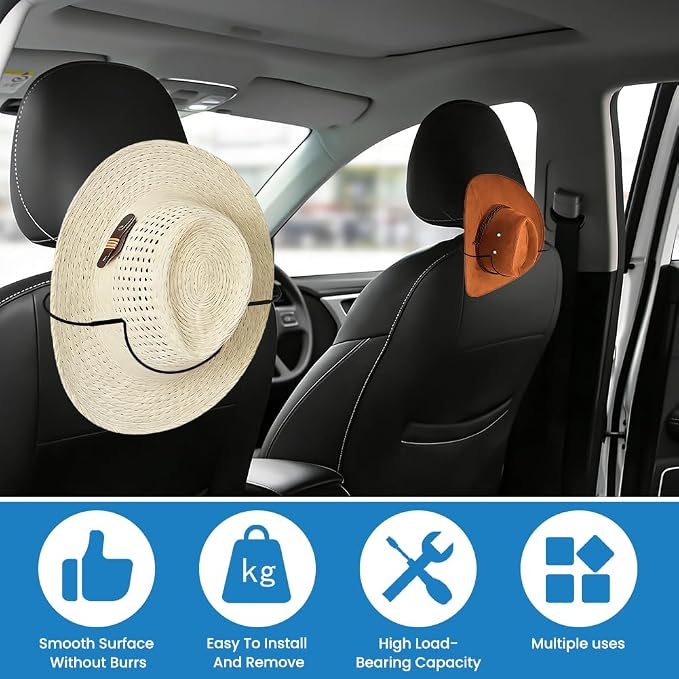 2 Folding Design Hat Rack, Cowboy Hat Holder For Truck SUV Car To Keep-Hat-Shape, Automotive Seat Back Hard Hats Holder Car Clothes Hanger, Cowboy Hats Organizer for Auto Travel