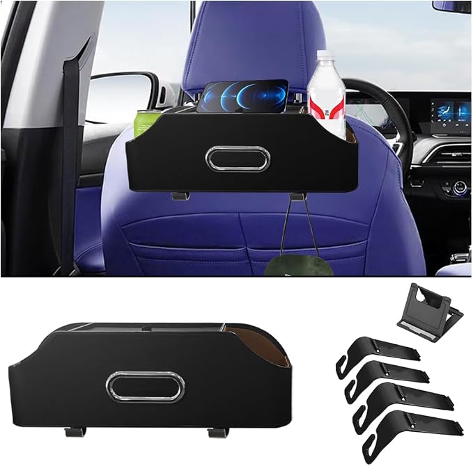 AUCELI Car Seat Back Organizer with Cup Holder and Tissue Box, Headrest Hanging Storage Box with Hooks and Phone Holder, Multi-Function Travel Tray for Kids, Road Trip Car Accessories