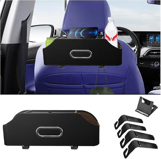 AUCELI Car Seat Back Organizer with Cup Holder and Tissue Box, Headrest Hanging Storage Box with Hooks and Phone Holder, Multi-Function Travel Tray for Kids, Road Trip Car Accessories