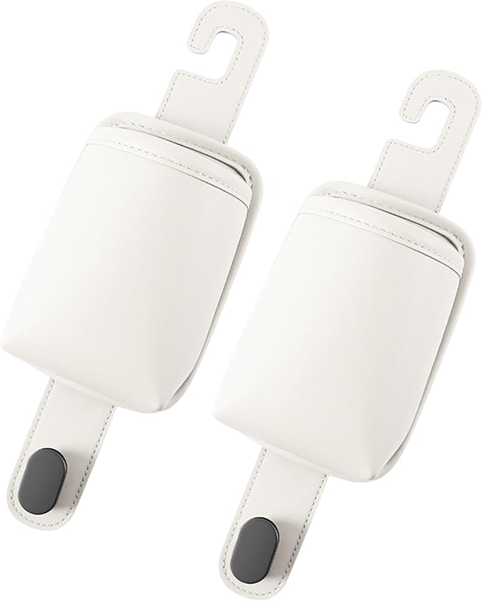 2-Pack Car Seat Back Cup Holder Organizer, White | Faux Leather, With Hooks, Universal Backseat Storage, For Drinks, Bottles & Travel Accessories