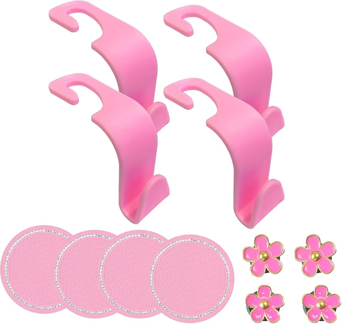 12 Pcs Bling Car Interior Accessories，Universal Car Seat Headrest Hook，Daisy Flower Air Vent Clip，Bling Car Coasters, Bling Cup Holder Insert Coasters
