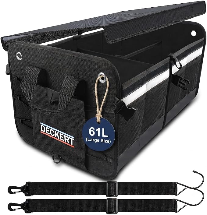 Deckert 61L Car SUV Trunk Organizer, 600D Oxford Polyester, Collapsible, Multi compartments, Securing straps, Suitable for any car type, Black with Reflective Stripes