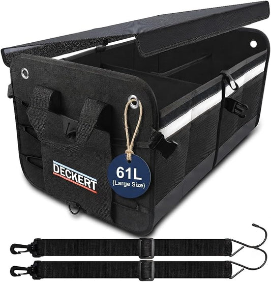 Deckert 61L Car SUV Trunk Organizer, 600D Oxford Polyester, Collapsible, Multi compartments, Securing straps, Suitable for any car type, Black with Reflective Stripes