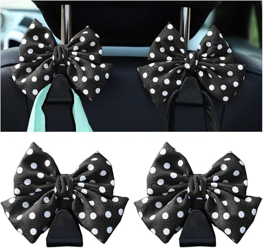 Mandark 2PCS Car Seat Hooks - Cute Bow Vehicle Hooks for Purses & Bags, Universal for SUV, Sedan, Truck (Black/Polka Dot)