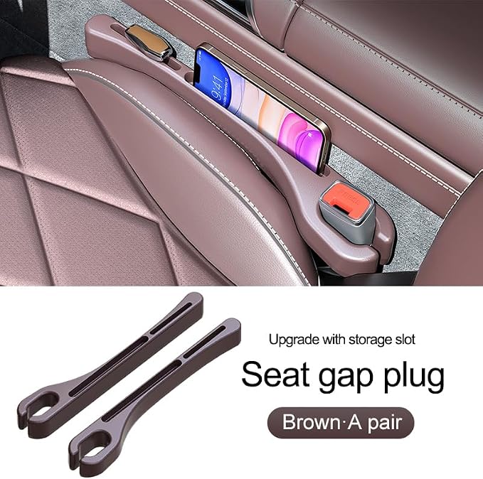 Car Seat Gap PU Filler Set of 2，Stop Things from Dropping，Filler with Organizer & Hook Function,Fill The Gap Between Seat & Console (Brown)